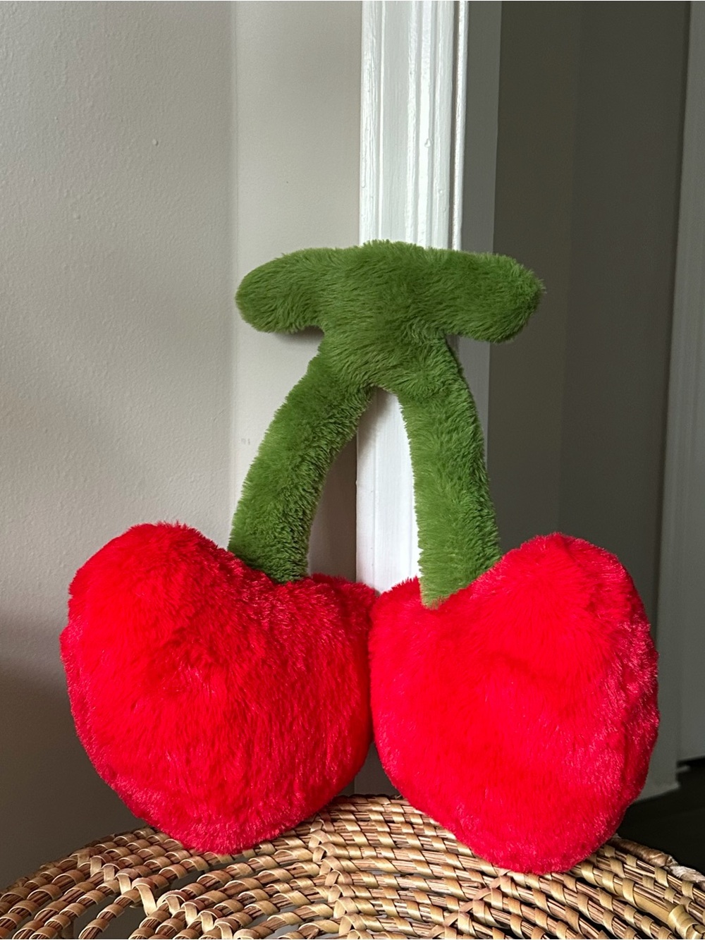 14” Cherry Plush Accent Pillow - Red Cherries with Green Stem Large Stuffed